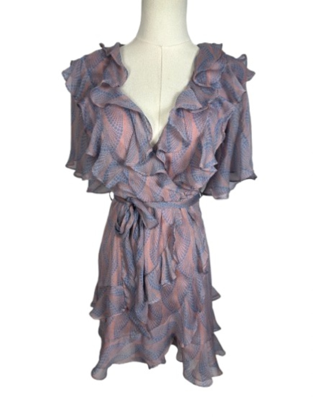 Ruffled Pink and Purple Faux Wrap Mini Dress with Tie Waist Size S